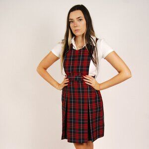 Plaid Overall Dress (S) small red tartan vintage scottish school uniform preppy
